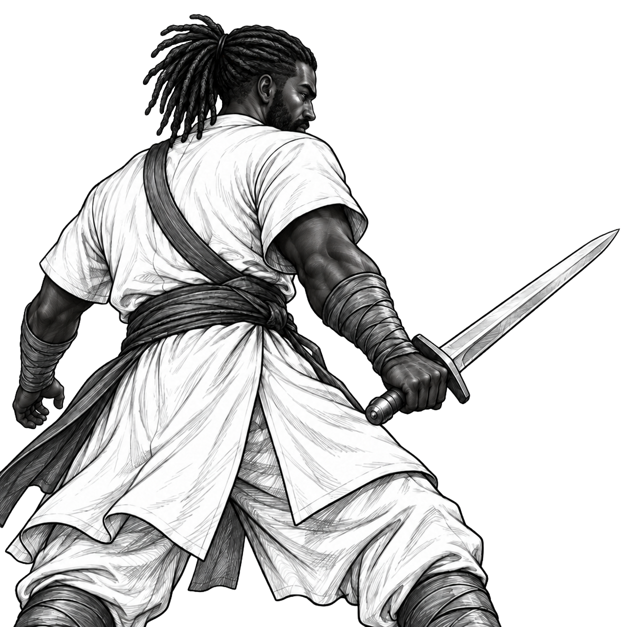 A close view from behind Jordain as he readies his sword against the distant giant