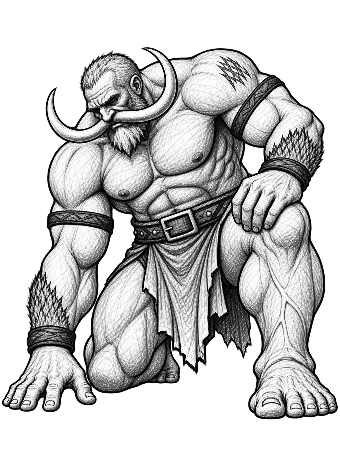 The defeated giant kneels with his head bowed