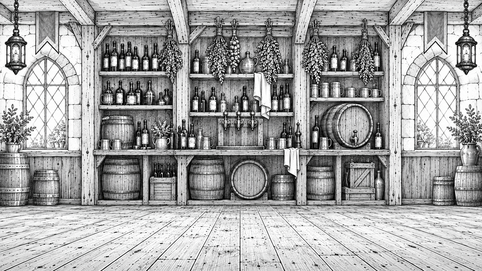 A straight-on view of the Guild tavern, with bottle shelves, arched windows and hanging herbs