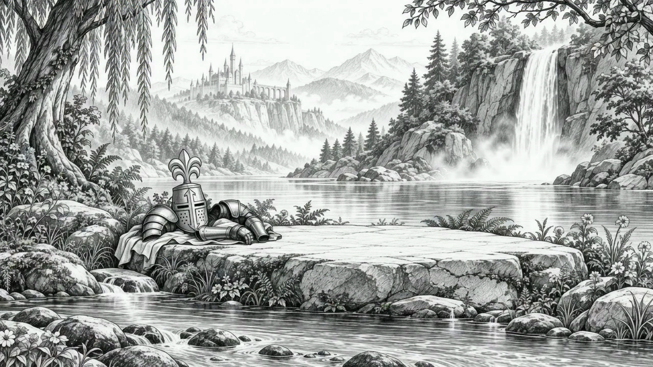 A serene riverside sanctuary with a waterfall, distant castle, and armor laid beside a broad stone ledge