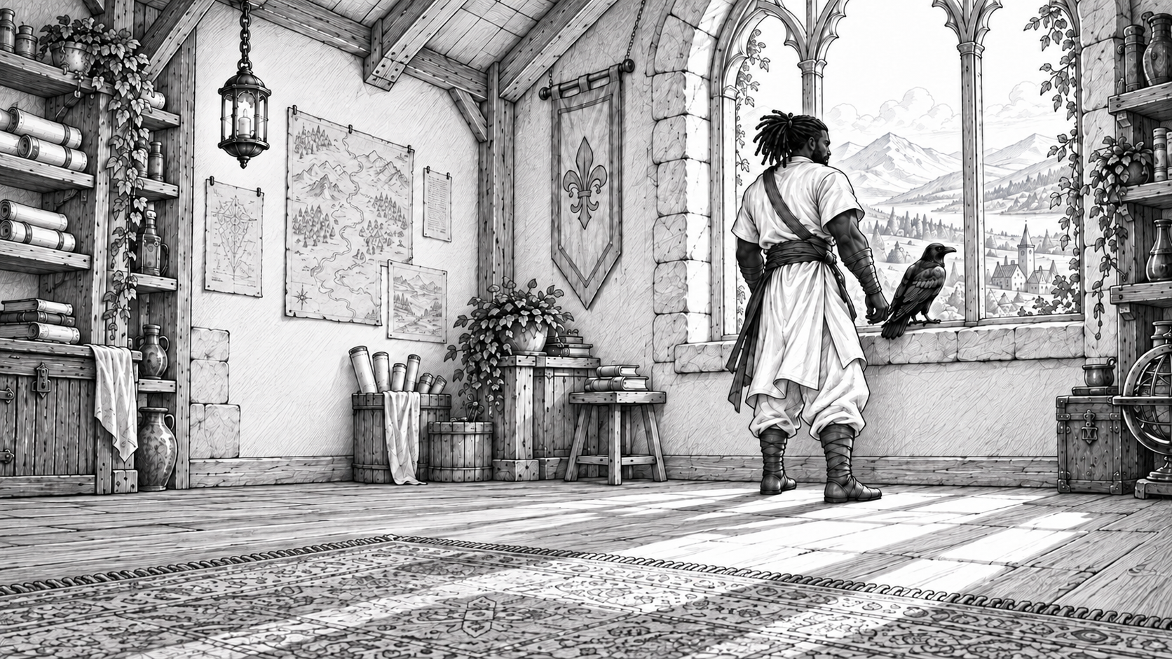 From a low viewpoint in the study, Jordain and a raven wait at the right-hand window; maps and scrolls hang on the wall