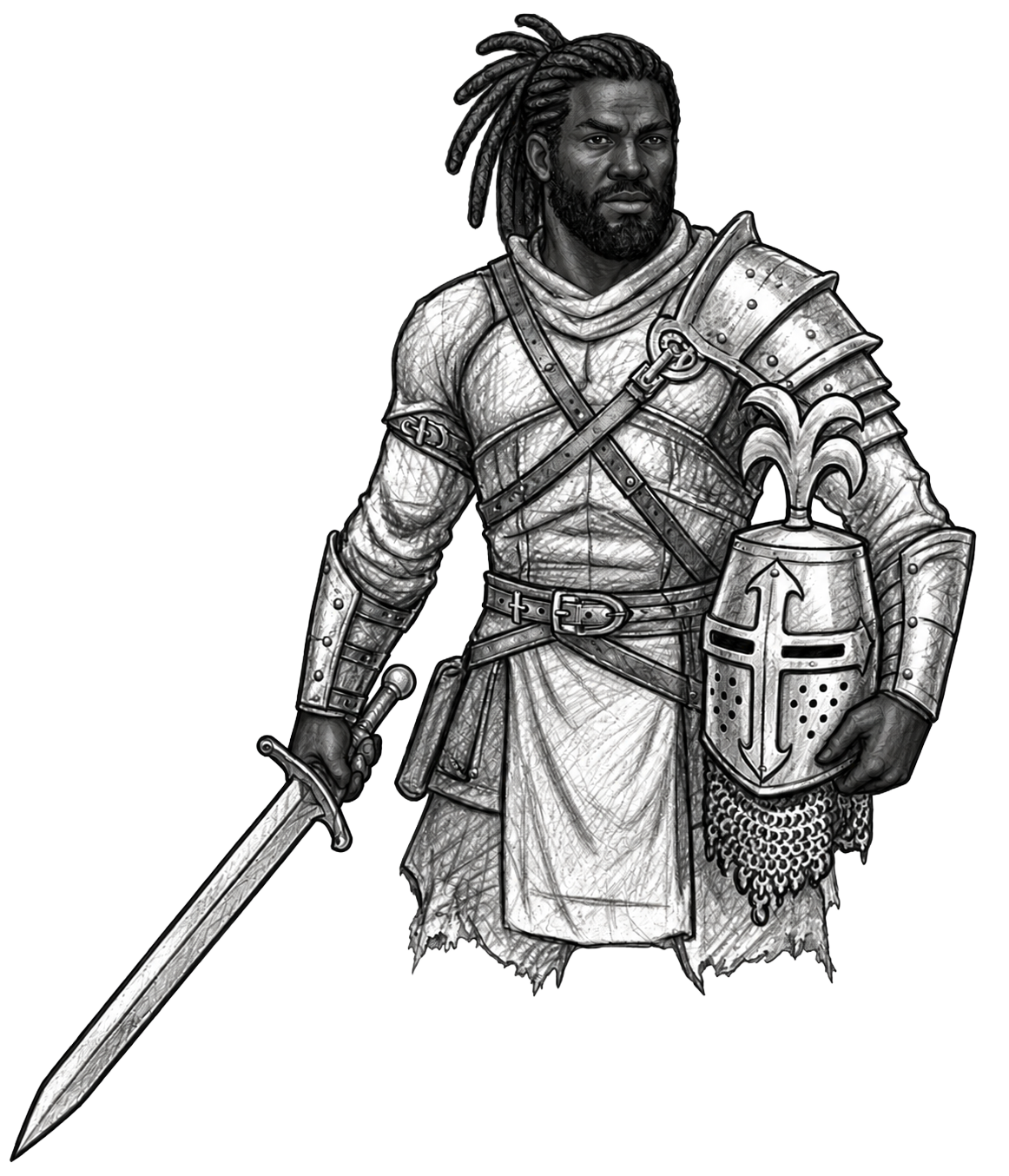 Jordain in armor with his sword and helmet