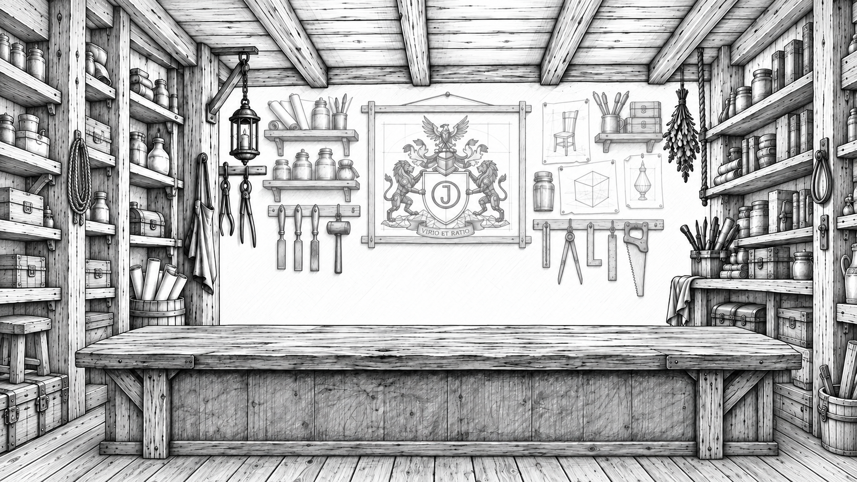 Extended pencil-drawn ceiling, counter supports and plank floor